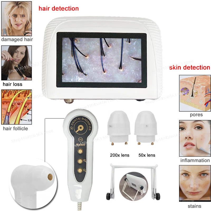 50X/200X Portable Skin Analyzer Machine 5 inch Scalp Detector Hair Follicle Oil Moisture Tester Skin Care Monitor Rechargeable