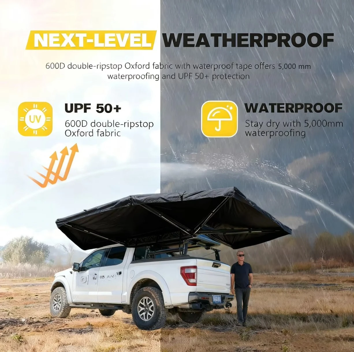 Car Side Awning 360-Degree Freestanding Car Roof Awning with Walls and Lights for Trucks and Overland Camping