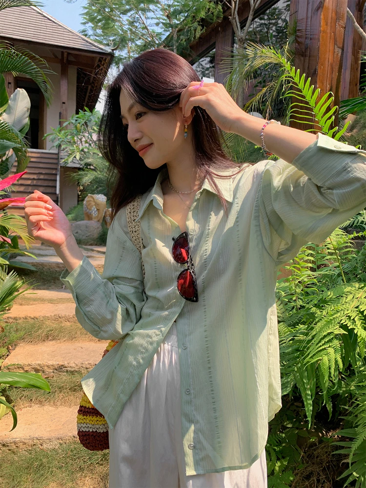 

Sisilyon Chic Korean Sle Women's irt Slim Fit Summer Loose Sun Protection Outerwear Breathable Cotton Blend Long Sve