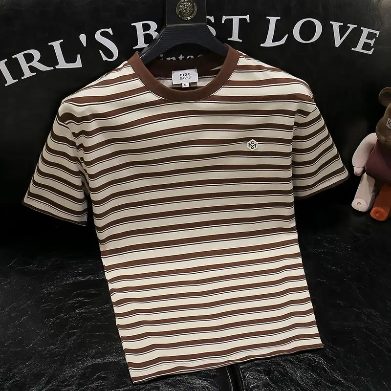 

High-end Striped Round Neck Short-sleeved Contrasting Color T-shirt Fashionable Half-sleeved Top