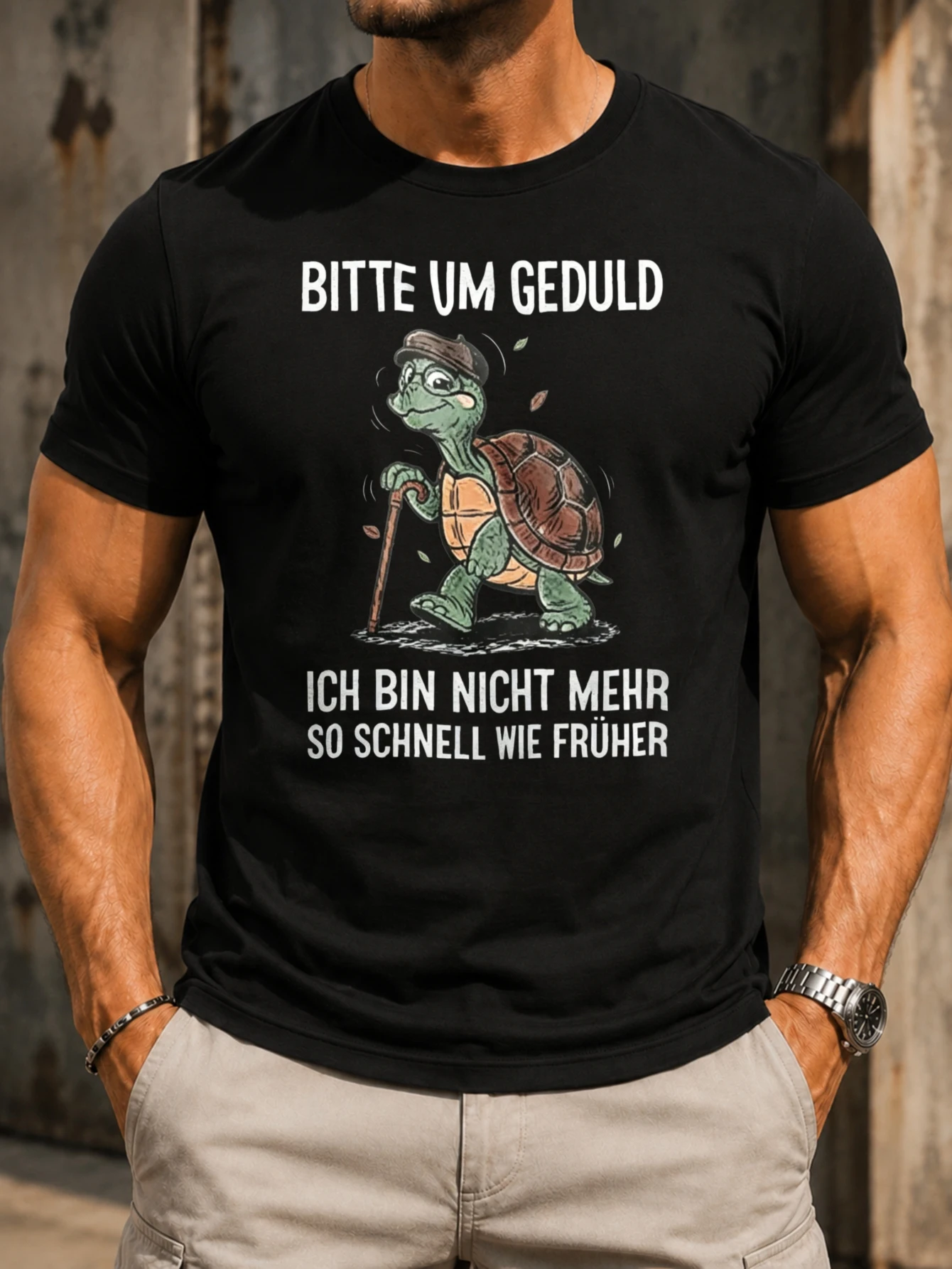 Please Be Patient aging joke with elderly turtle cane and headpiece graphic with vivid centered  Unisex All T-Shirt