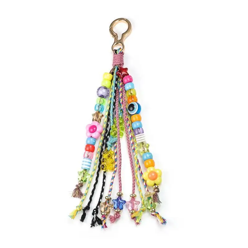 1 Stück Bunter Blumenperlen-Anhänger Schlüsselring Boho Handgefertigter Perlen-Quasten-Schlüsselanhänger für Damen Rucksack Taschen Accessoire Geschenk – Detail 5