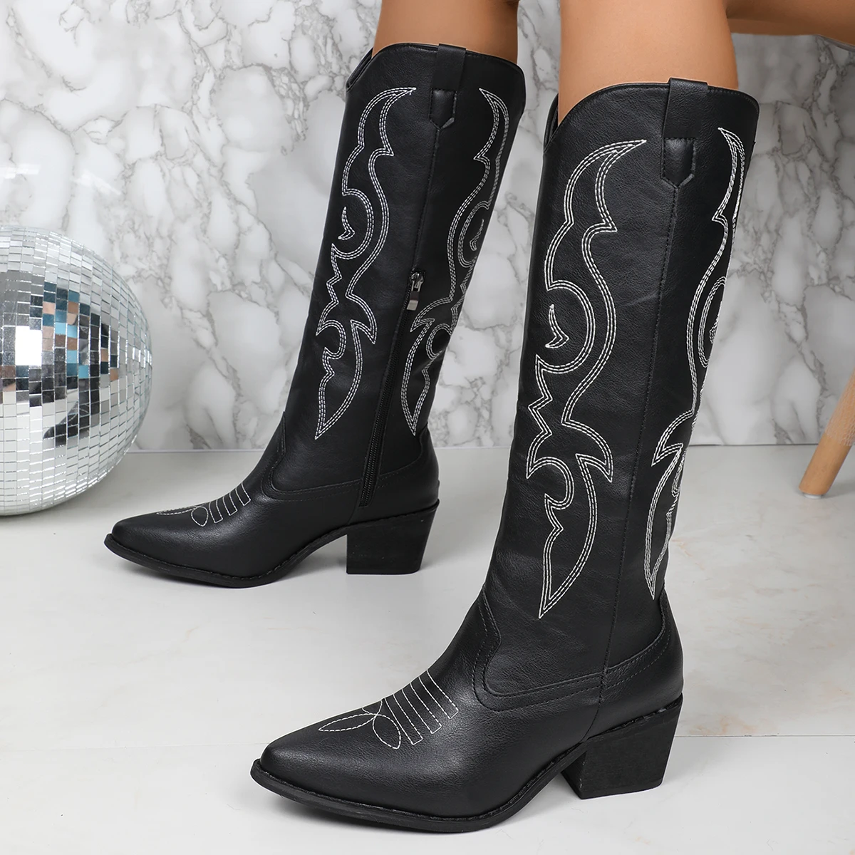 Women Boots New Fashion Embroidered Western CowBoy Shoes for Women Platform Pointed Toe Knee High Boots Women Botas De Mujer