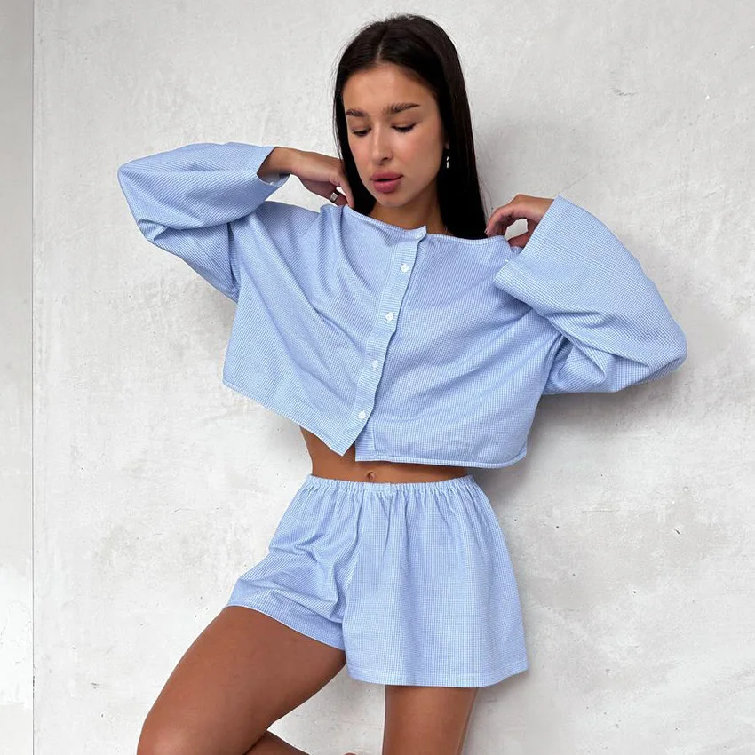 

Autumn New Comfortable Loose Blue Sleepwear Long-sleeved Shorts Pajamas Women's Suit Home Clothes Home Wears 2Pcs Nightwear