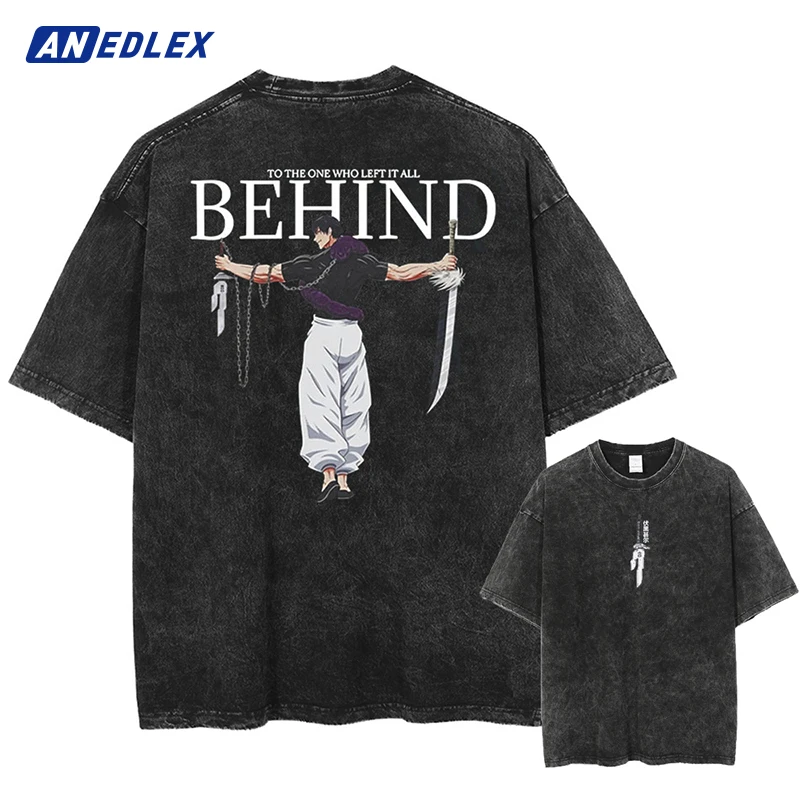 

Men Vintage T-Shirt Streetwear Japanese Anime Graphic Black Washed Tshirt Harajuku Summer Short Sleeve Cotton Oversize Tees