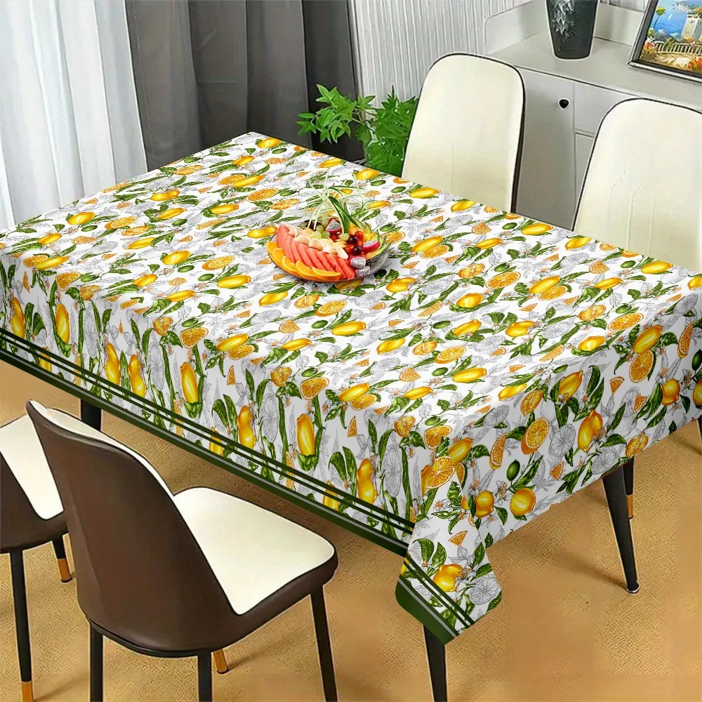 Vibrant Lemon Floral Print Tablecloth for Table Decor Summer Yellow Lemon Green Leaves Stripes Table Cloth Holiday Party Decor