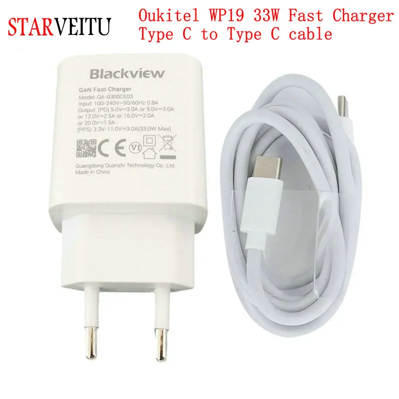 

Power Adapter for Oukitel WP19, Travel Fast Charger, EU Plug Connector, Type C to Type-C Cable, 33W