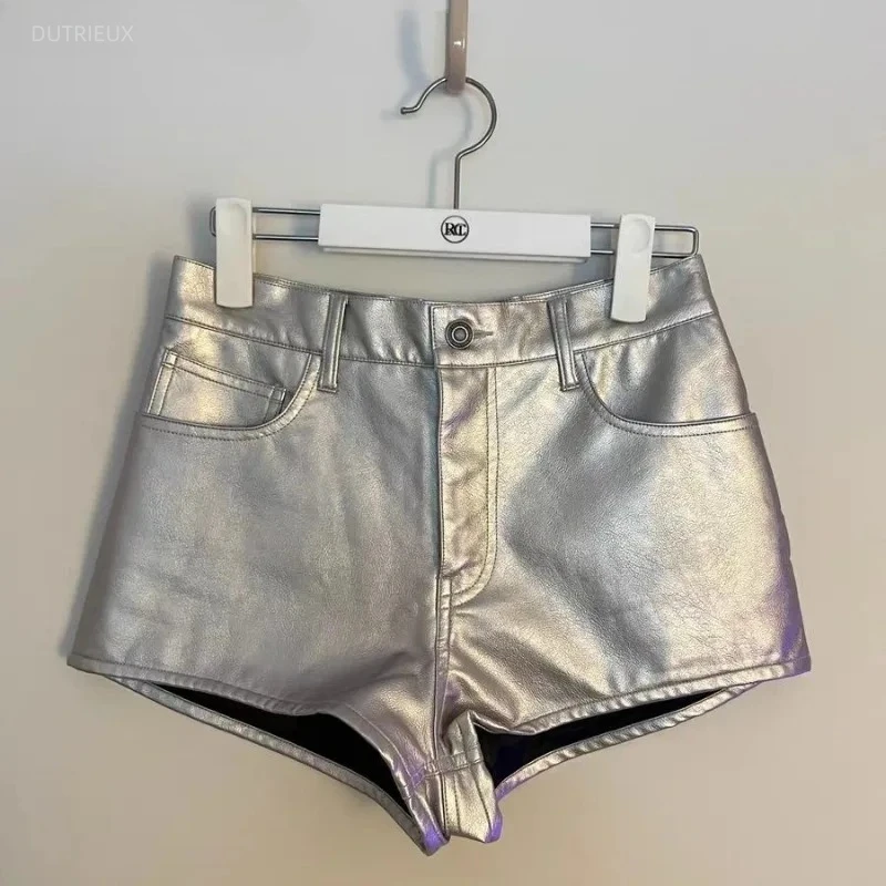 Chic Silver PU Leather Shorts Women Streetwear Slim Waist Sexy Booty Shorts 2026 New Bottoms Summer Pantalones Cortos De Mujer