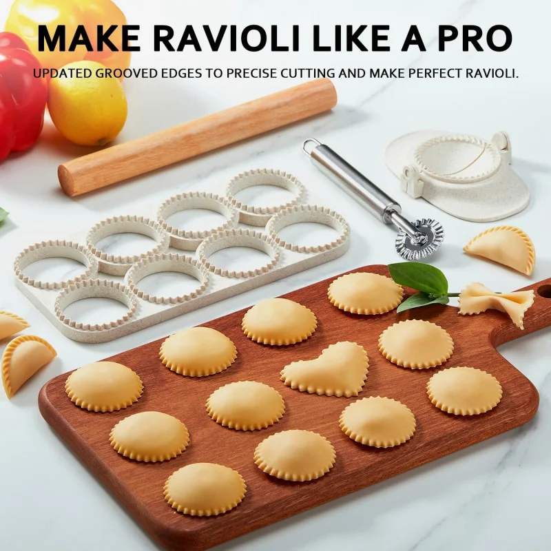 Ravioli Maker Press, Ravioli Press Mold Set – Runder Ravioli Stamp Maker Cutter mit Holz-Nudelholz, 2,6 Empanada Maker Press
