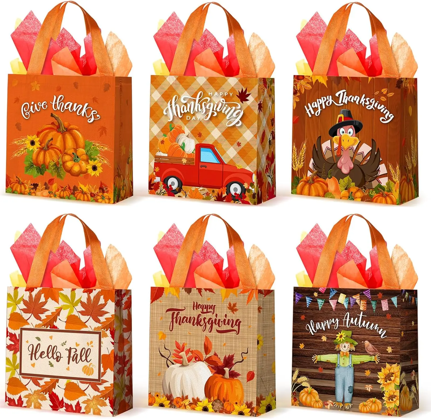 

Набор из 36 подарочных пакетов на День Благодарения с ручками, многоразовые сумки-тоуты на День Благодарения с папиросной бумагой, нетканые, осенние, с рисунком тыквы