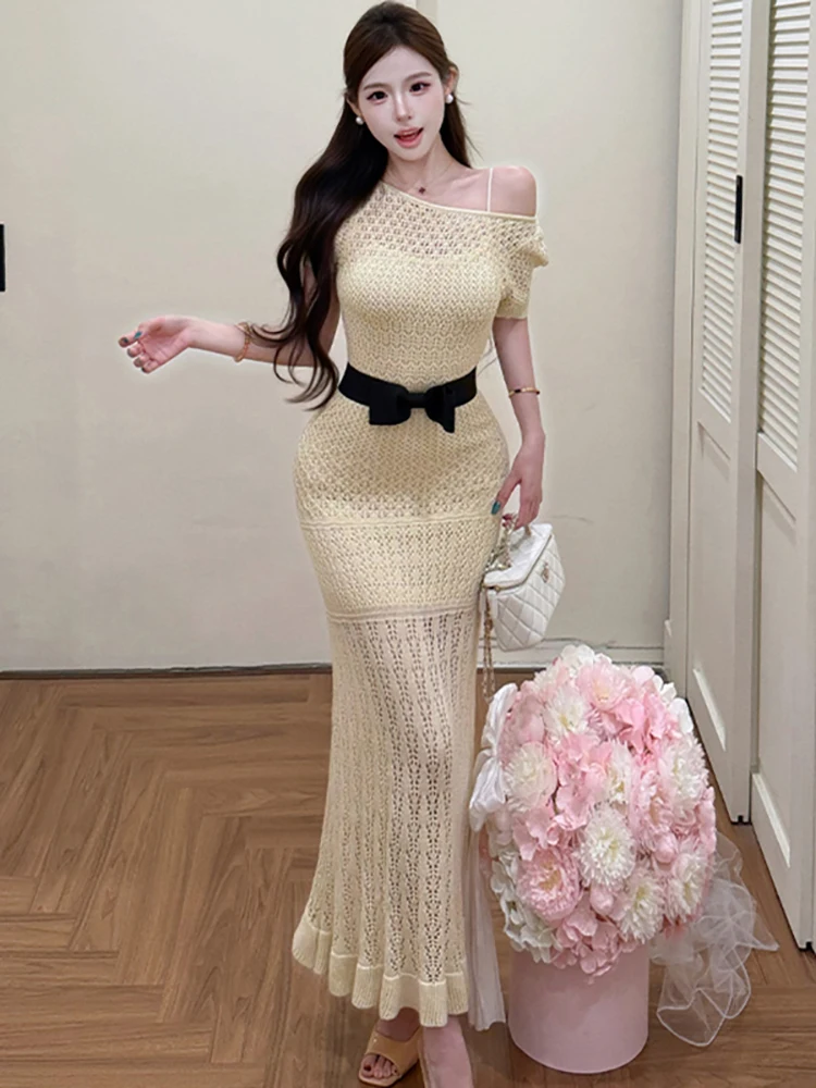 

Women Solid Knitted Hollow Out Diagonal Collar Long Dress Summer Elegant Chic Ruffled Dress 2026 Korean Bodycon Holiday Dresses