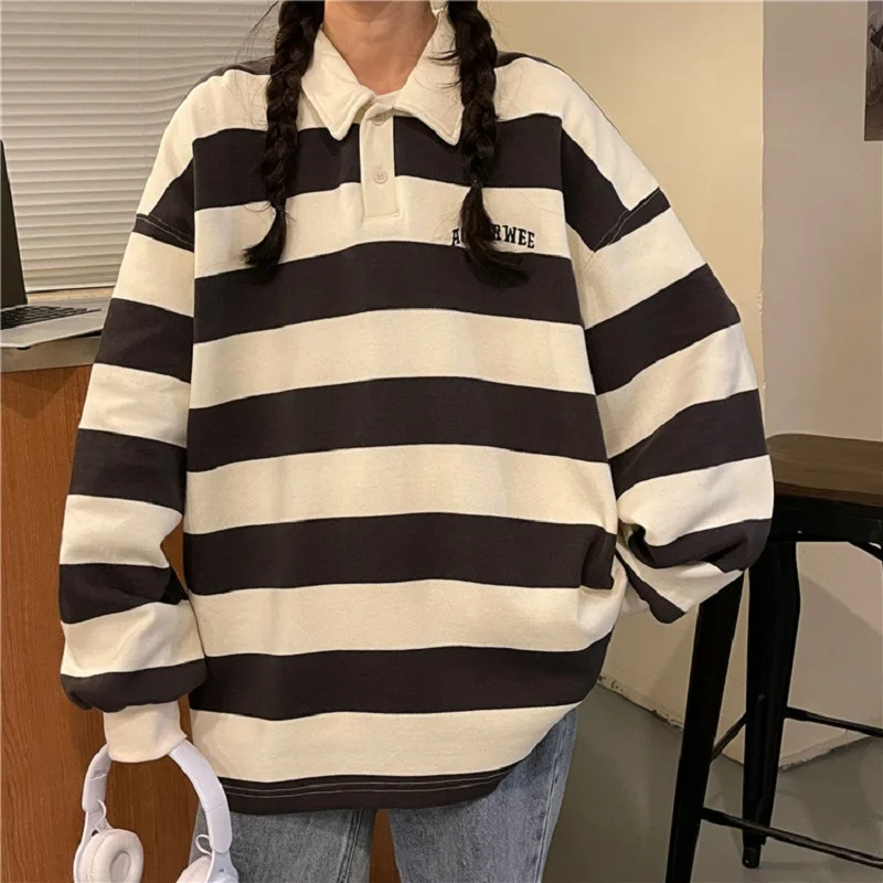 Korean Version Vintage Polo Collar Oversized Hoodies Women Blue Patchwork Stripe Thin Y2k Sweatshirt Harajuku Tops Long Sleeve