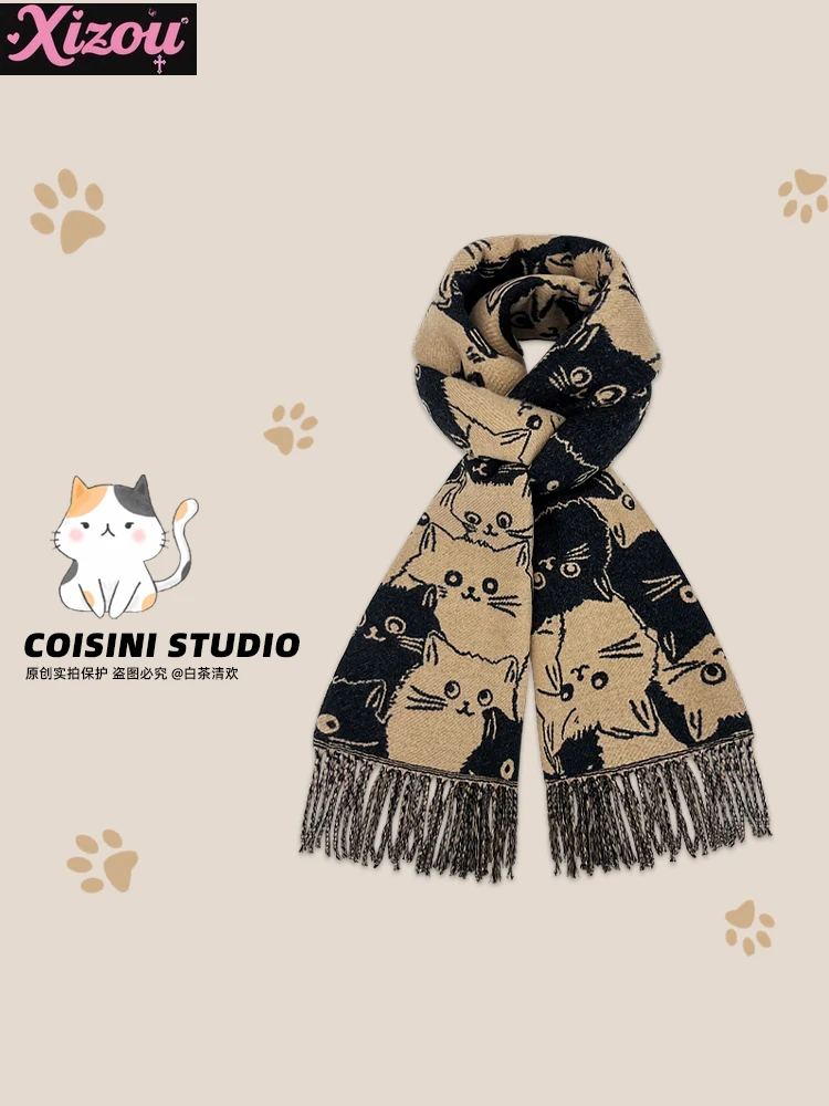 

Japanese Kawaii Cute Cartoon Cat Rabbit Velvet Scarf Women's Winter Warmth Cute Big Shawl Dual-purpose Scarf with Long Outside