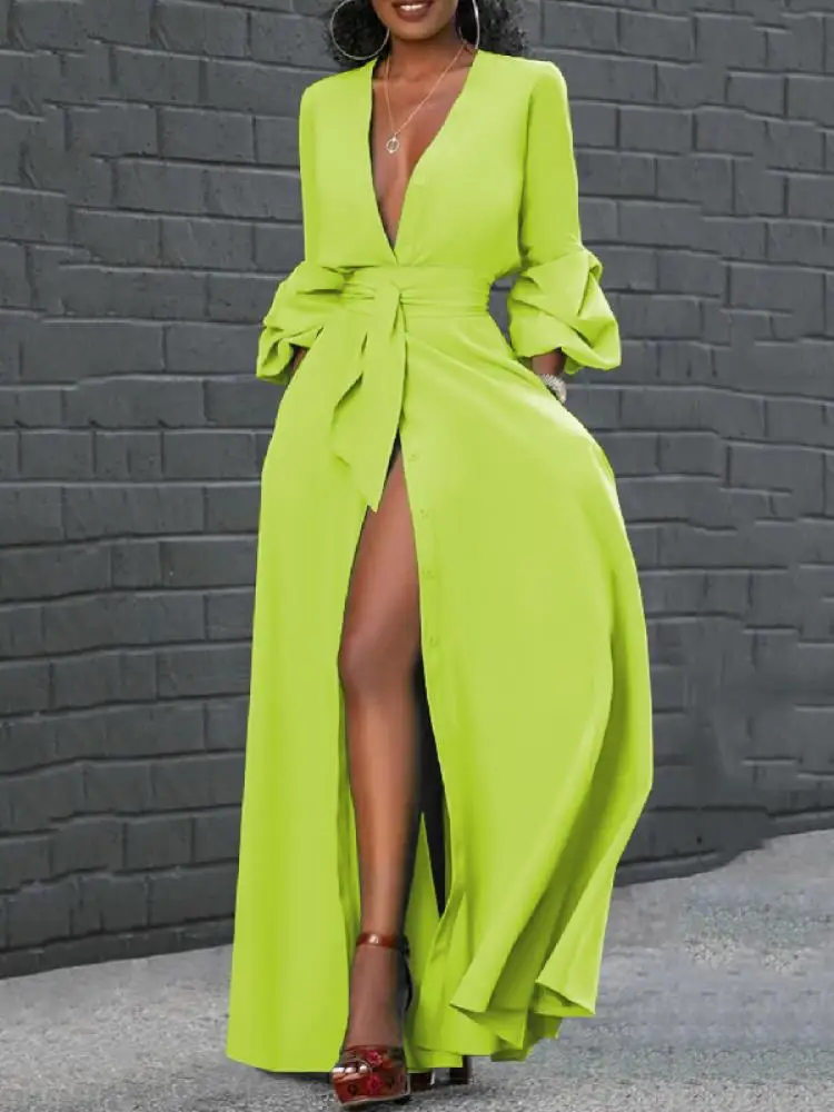 

Freeacy 2024 Women's Big Swing Maxi Dress Solid Green Deep V-neck Tied High Waist A-line Pleated Dresses for Urban Female