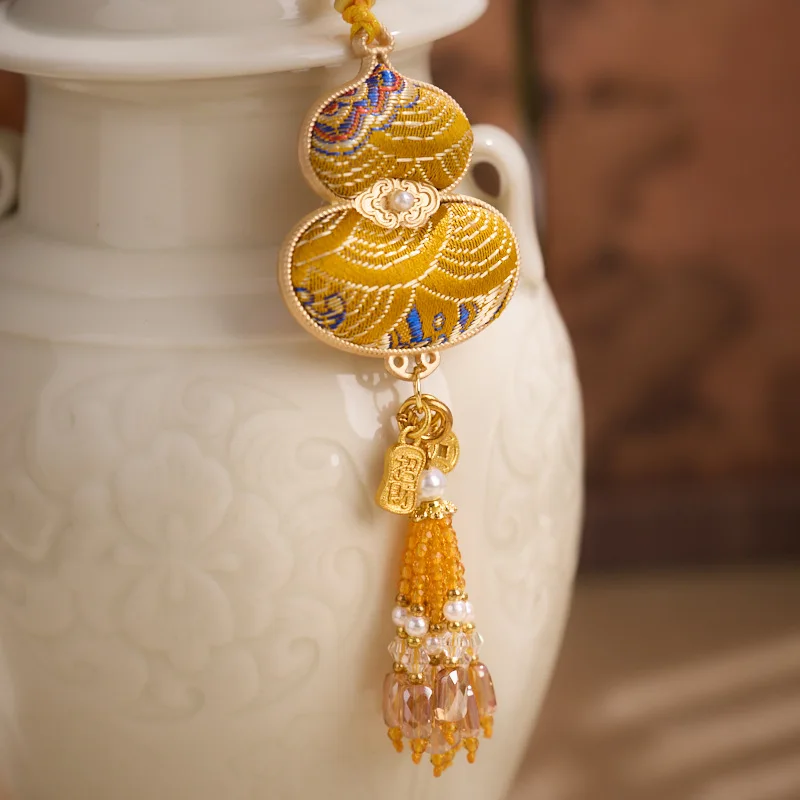 Silk Brocade Gourd Pendant Temple Blessing Fortune Life Happy Money Peace Embroidery Woven Tassel Keychain Bag Hanging Ornaments