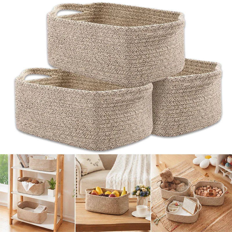 Baumwollseil-Aufbewahrungskorb, rechteckiger gewebter Organizer mit Griff für Zuhause, Schlafzimmer, Kleiderschrank, Spielzeug, Kleidung, Kosmetik-Aufbewahrungsbox