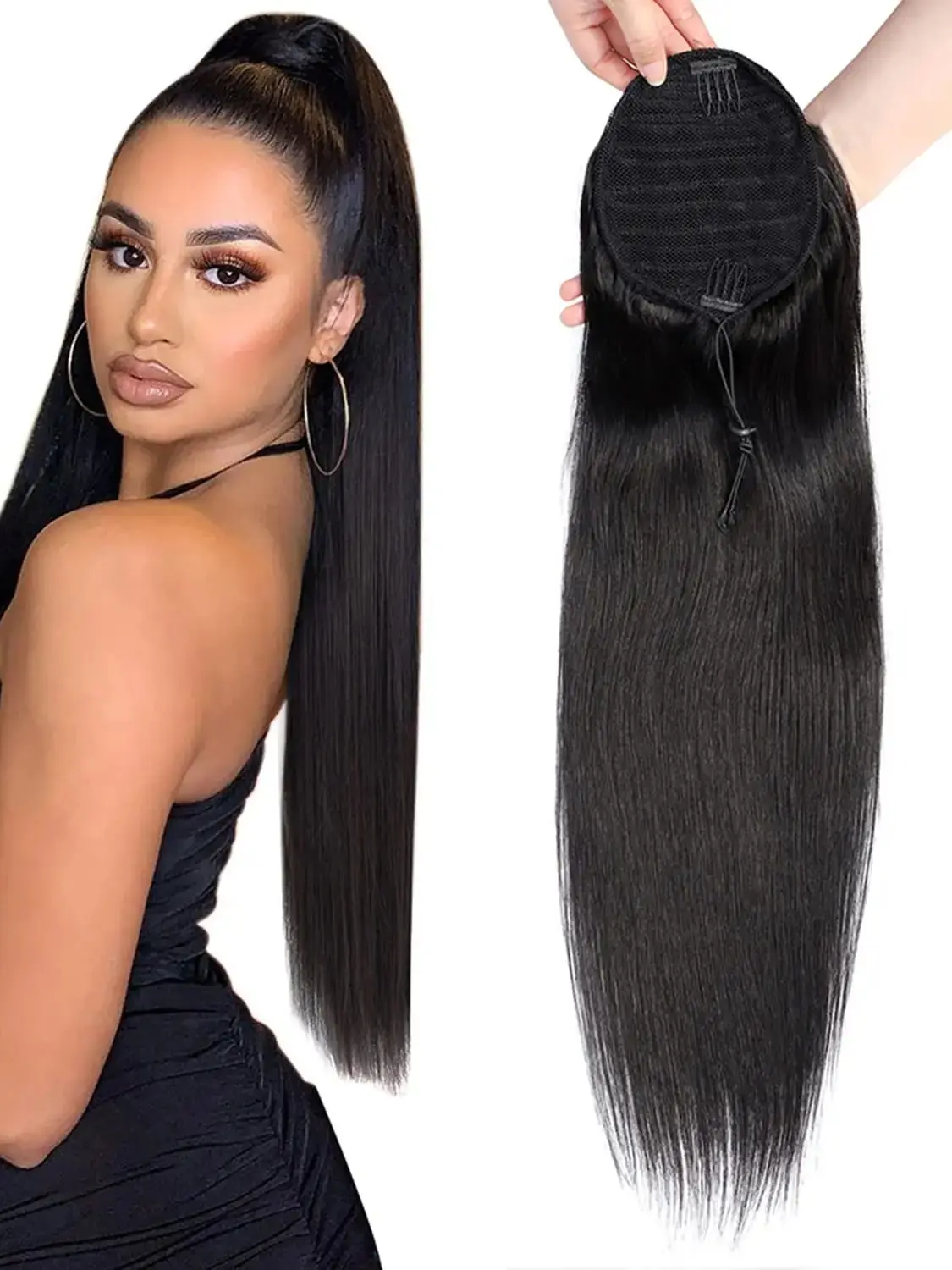 Extension de cheveux humains queue de cheval vague d'eau vrais cheveux humains envelopper autour de cordon en queue de cheval noir naturel # 1B pour les femmes