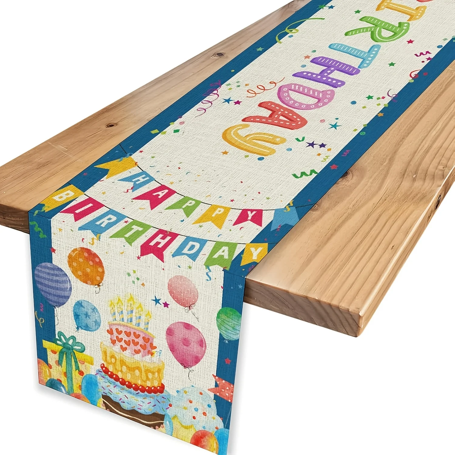 1 Piece of Happy Birthday Blue Celebration Table Runner, Suitable for Farmhouse, Indoor, Kitchen, Celebrations, Table Decoration, Restaurant and Banquet Decoration Supplies