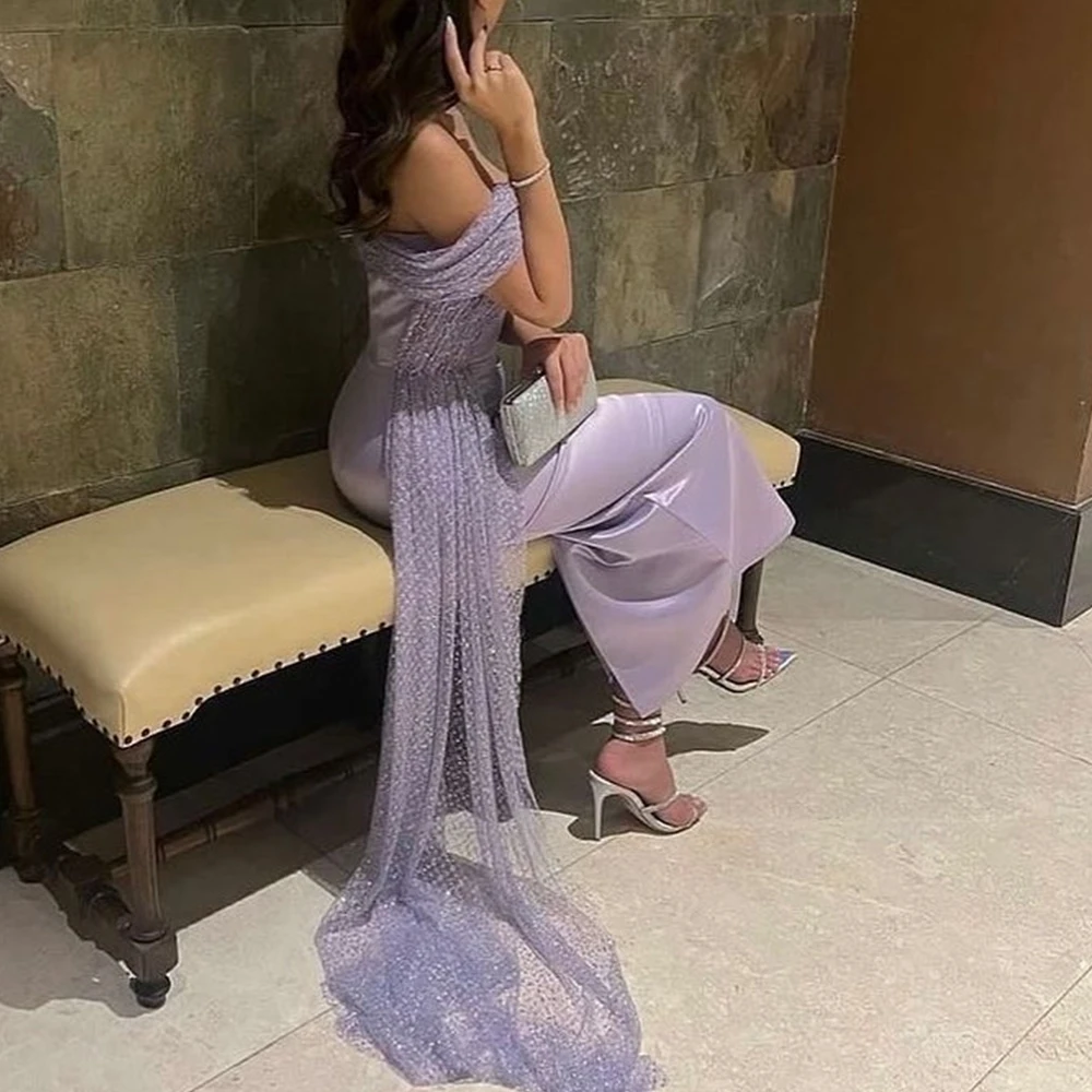 Customized Fashion Satin Straight Off the Shoulder Sequined Evening Dress Strapless Short Sleeves Panel Train Photo Color