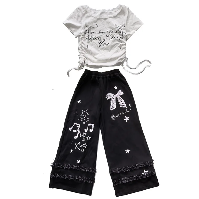 2026 summer teens tracksuit Girls cloth bow graffiti t-shirt crop top or long wide leg pant Kid hip hop jazz 4 8 9 10 12 14 year