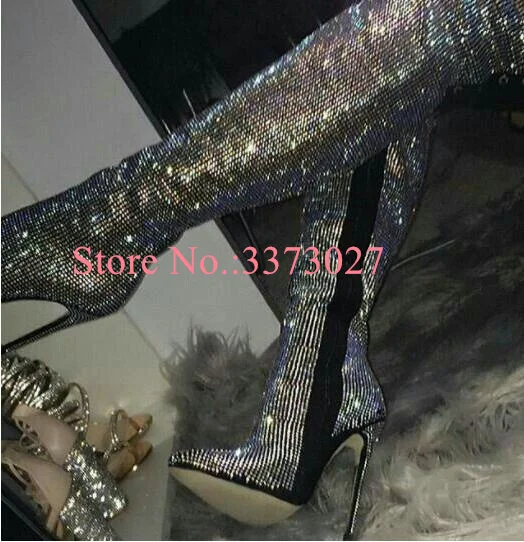 New Bling Bling Crystal Long Boots Lady Fashion Thin Heel Rhinestone Over the Knee Boots Woman Sexy Party High Heels