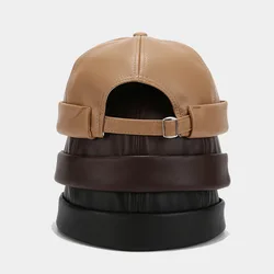 Solid Color PU Leather Landlord Hat Men Women Simplicity Retro Melon Skin Caps Autumn Winter Adjustable Docker Hat Fashionable