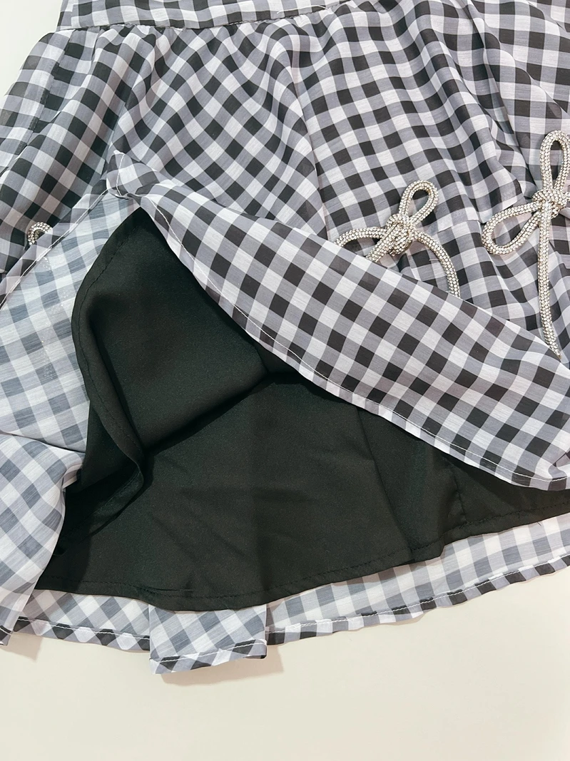 Klassischer bla-weiß karierter A-Linien-Rock mit hoher Taille, Ele Agel JK School Sle Knot Polyesterfaser, lässig