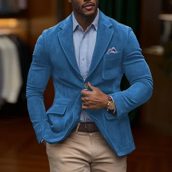 Men's Suede Brown Blazer Vintage Slim Fit Notched Lapel Formal Jacket High Quality Flap Pocket Sport Coat For Business Casual 10