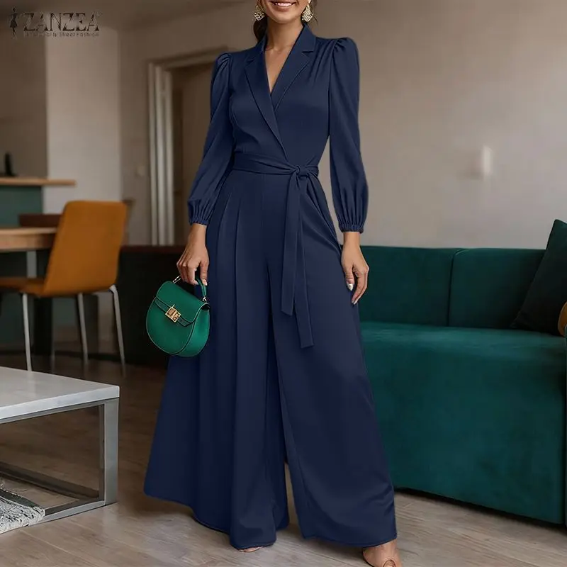 

Элегантные комбинезоны ZANZEA для женщин с отложным воротником, длинными рукавами, завязками на талии, широкими штанинами, однотонные, для офиса.