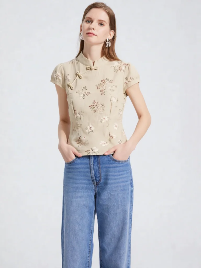 New Chinese Blouse Short Sleeve Shirt for Women Summer Stand Collar Frog Button Asymmetric Placket Slim Fit Top