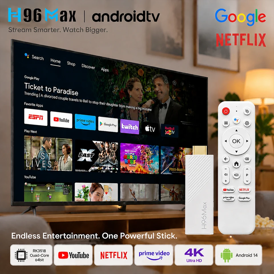 H96Max RK3518 TV Stick Android14 Quad Core BT5.4 4K a 60fps Wifi6 2.4G y 5G 2GB 16GB Asistente de Voz de Google Reproductor Multimedia AI TV Stick