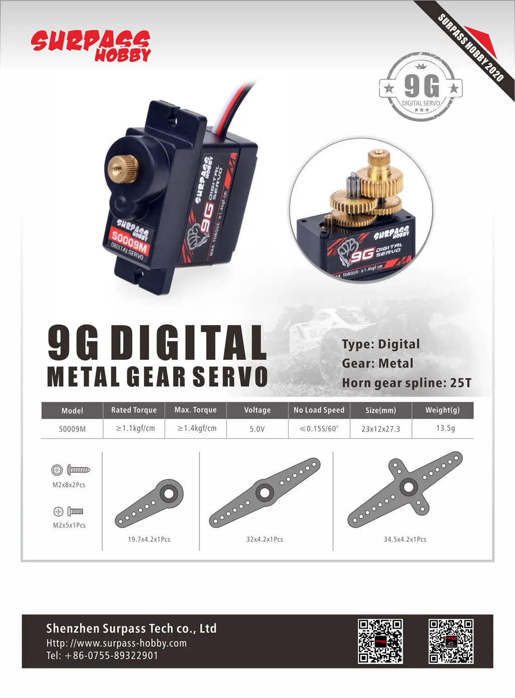 SURPASS-Engrenage D.lique pour Voiture RC, Micro Servo, Avion RC, Robot, Bateau, Jouet, Pièces, BBY S0009M, 9g, Moteur Numérique 1.9 V ~ 6VDC 25T, 4.8 kg