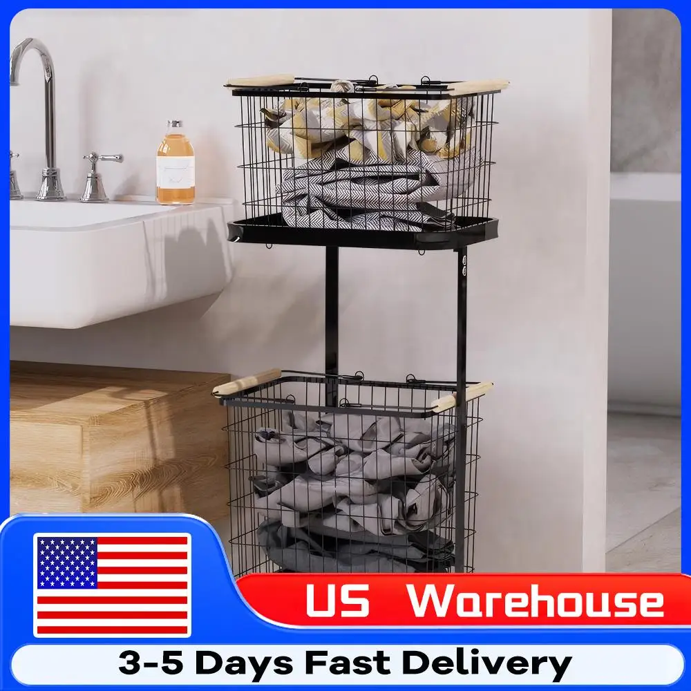 

2-х уровневая корзина для белья на колесиках, металлическая тележка для хранения, проволочная корзина для белья, тележка для прачечной, ванной комнаты, спальни