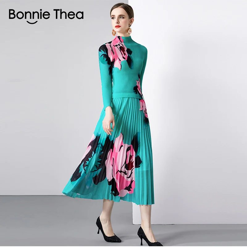 Bonnie thea Miyake Autumn Two Piece Skirt Suit Women Flower Print High Stretchy Pullovers Top + Pleated Midi Skirts Street Set