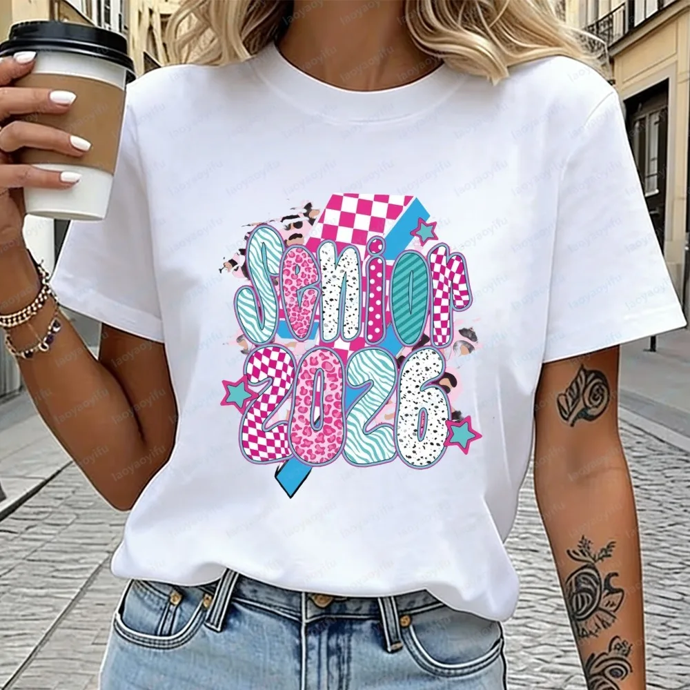 Senior 2026 Cotton T-Shirt Preppy Mixed Print Graphic Tops Girly Graduation Gift Tee Y2K Graduation Casual Clothes for Women
