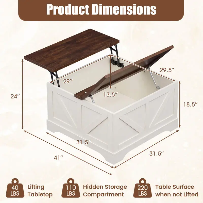 

31.5 Inch Square Coffee Table with Lifting Tabletop and Hidden Compartment-Rustic Brown