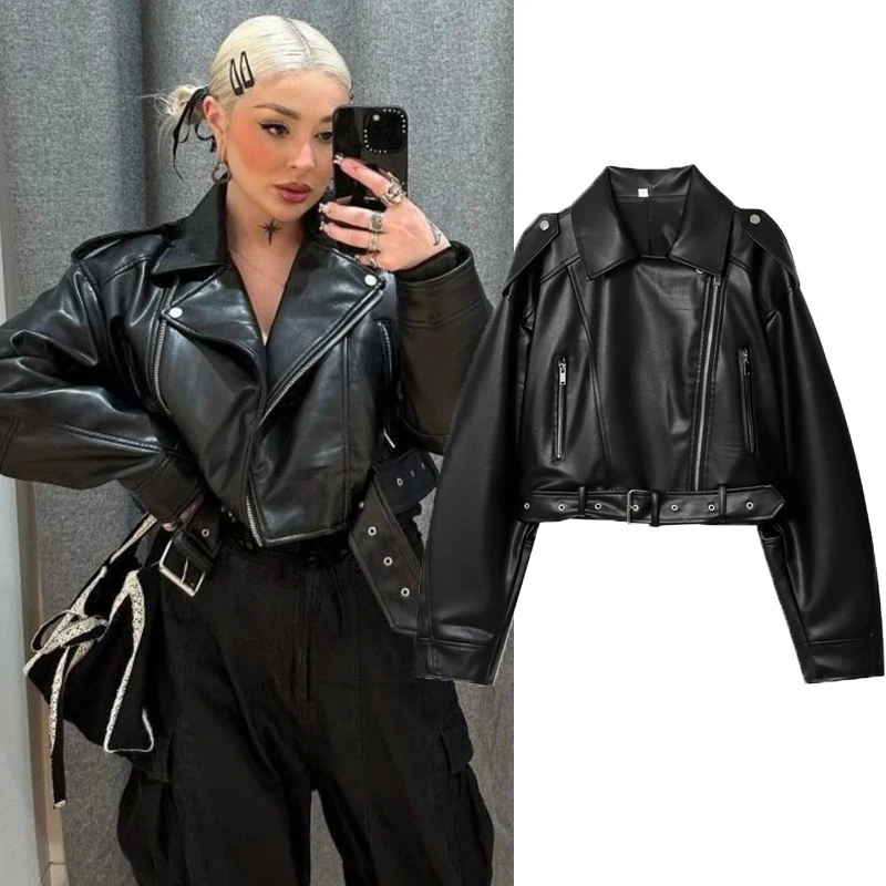 

Women Black Loose Pu Faux Leather Short Jacket With Belt Female Retro Moto Biker Coat 2026 New Women's Zip Up Jacket Streetwear