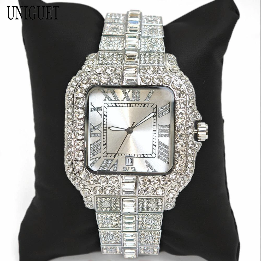 UNIGUET Square Watch For Men Fashion Iced Out Quartz Watches Man's Hip Hop Diamond Jewelry Wrist Watch Rock Boy Reloj Hombre