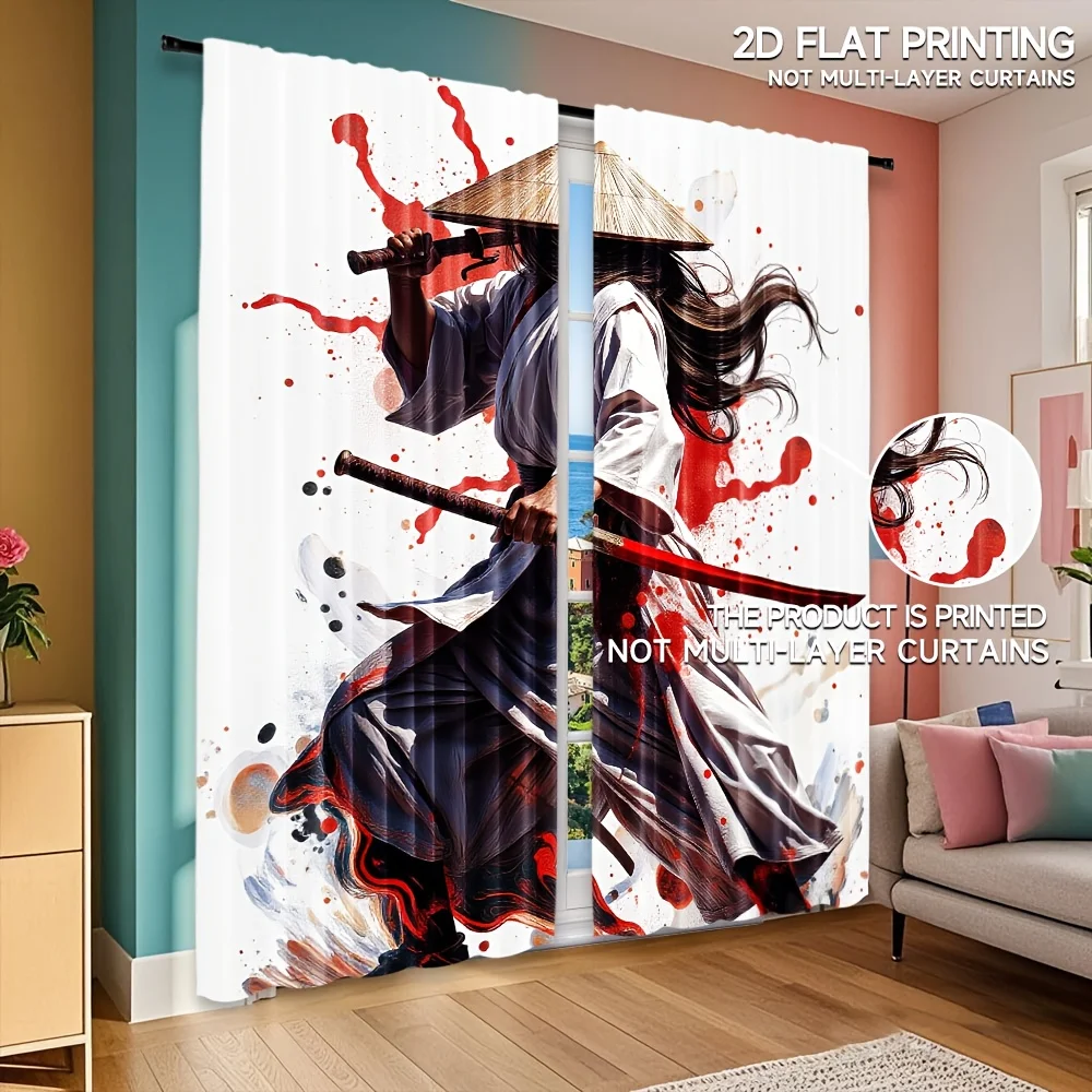 Samurai Warrior Curtains Japanese Anime Art Print Window Drapes Ninja Theme Home Decor Martial Arts Style Living Room Bedroom