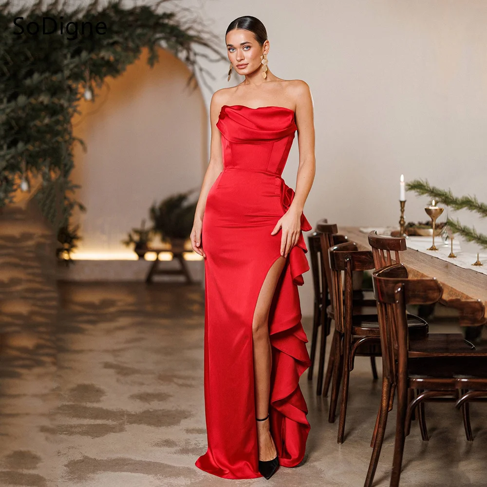

SoDigne Elegant Red Satin Evening Dresses Pleats Strapless Side Slit Party Dress Ruched Mermaid Prom Gowns Customized