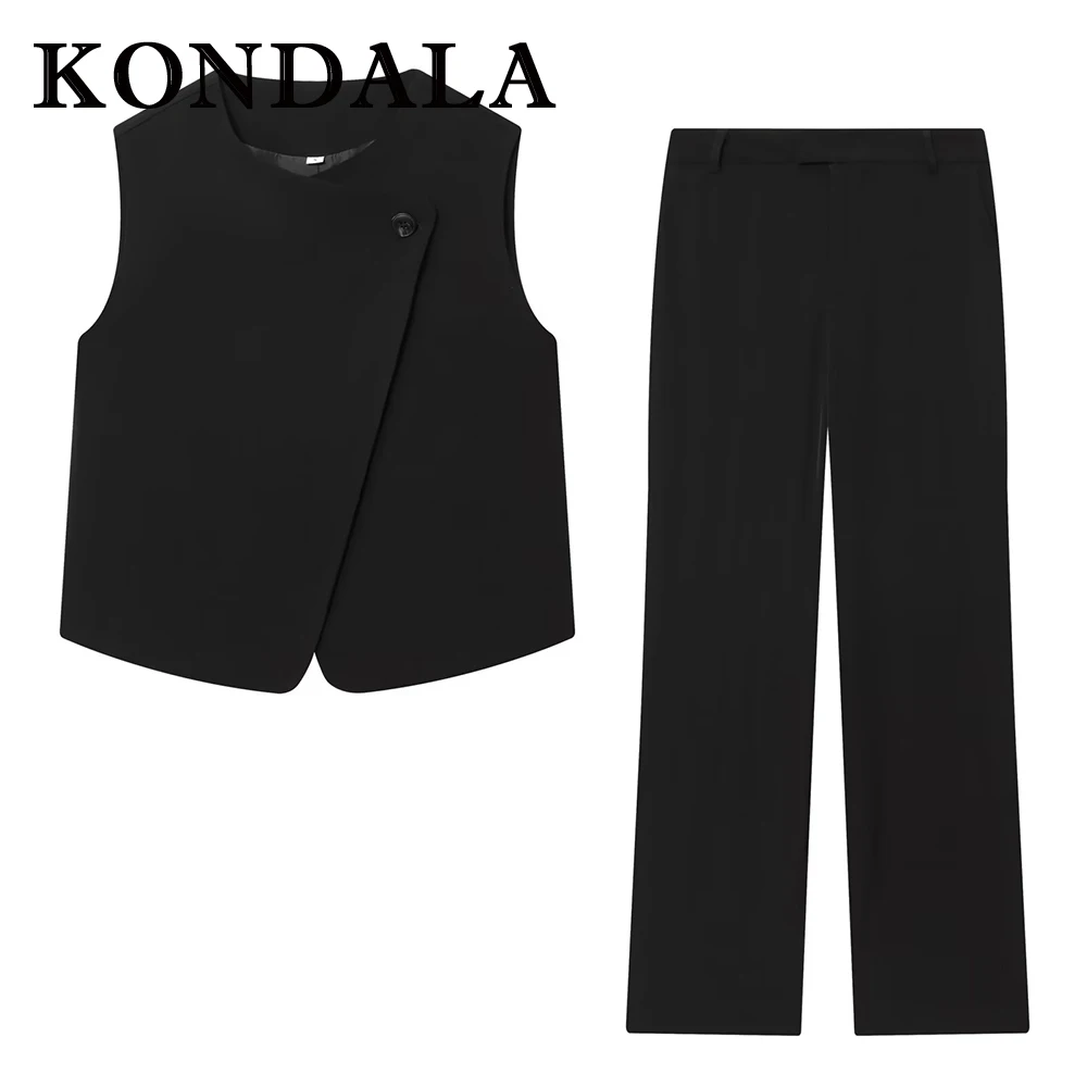 

KONDALA Vintage Solid Woman 2025 Suit O-Neck Straight Asymmetric Vest+Zipper Pockets Long Pants Fashion Chic Mujer Elegant Set