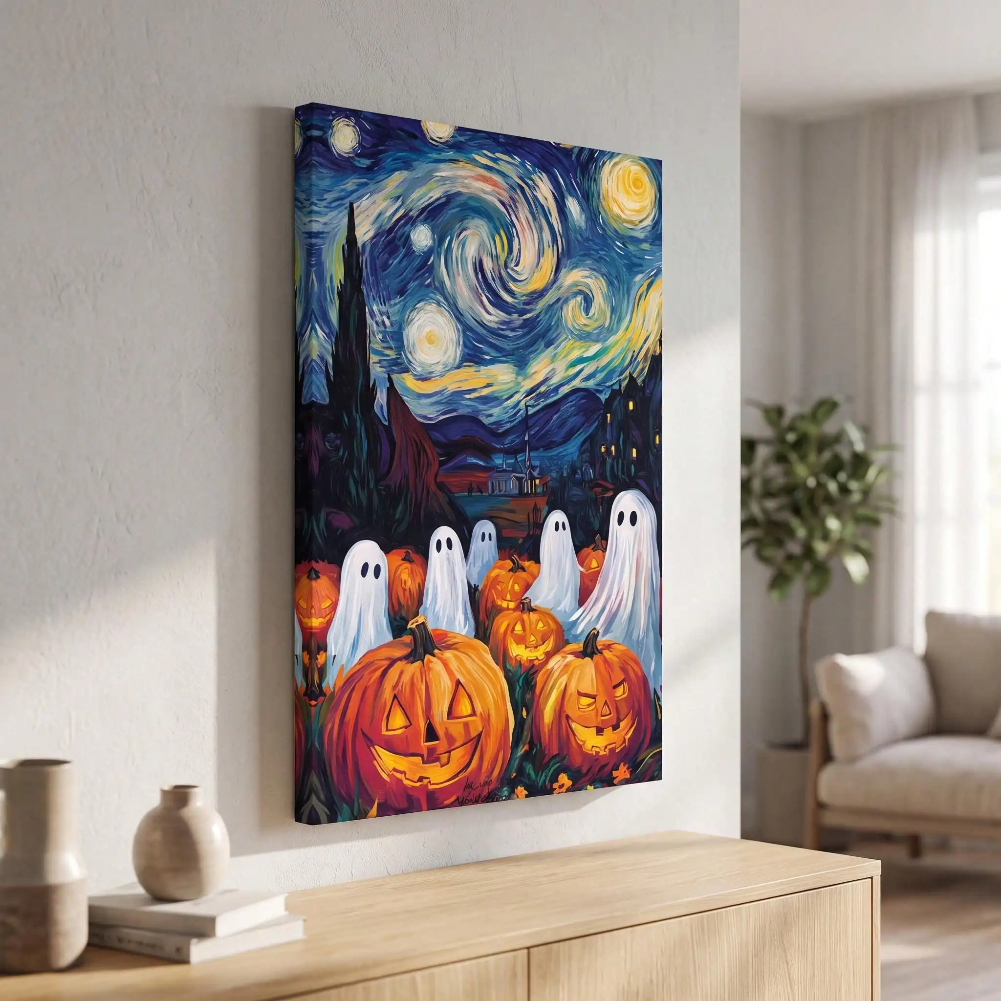 Halloween Ghost Pumpkin Framed Canvas, Swirling Night Sky Poster, Stretched Canvas