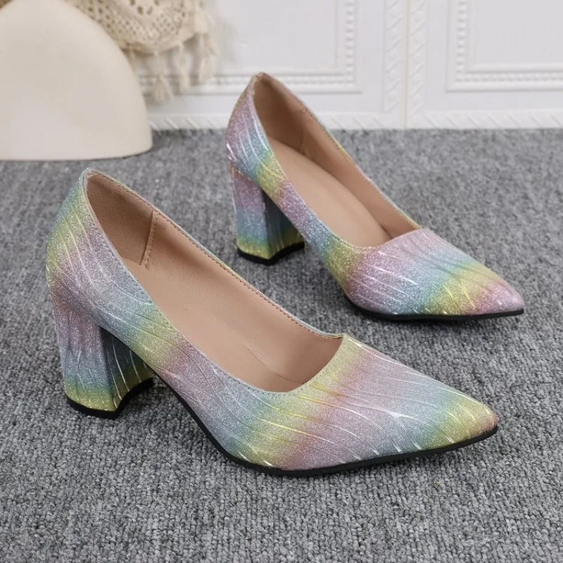 Women's Pumps Pointed Toe High Block Heel Slip on Footwear Featuring Metallic Look Finish and Wavy Pattern Evening Party Shoes