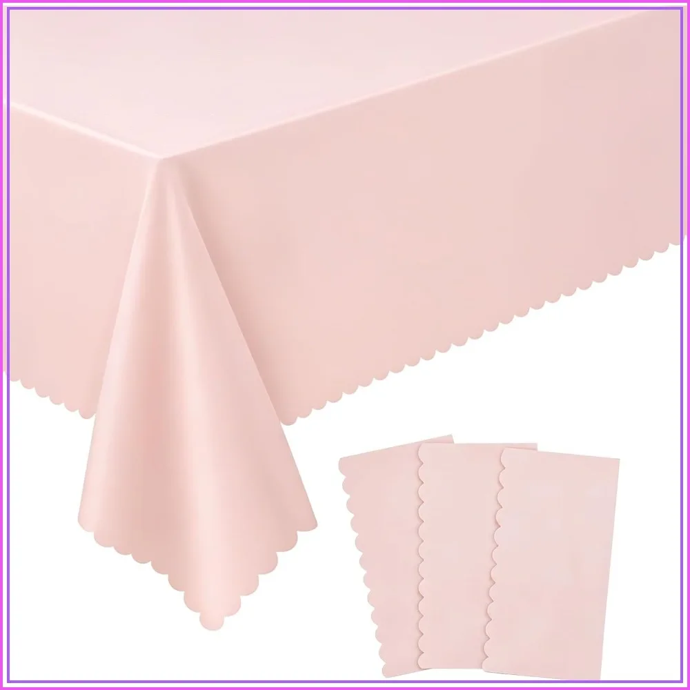 3 Pack Scalloped Plastic Tablecloths, Light Pink 54x108 Inch Rectangle Table Covers for Birthday, Wedding, Baby Shower, Tea Party