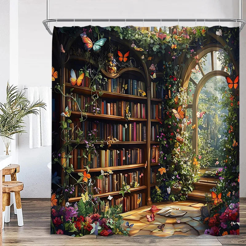 Forest Vintage Bookshelf Shower Curtain Green Vines Plants Butterflies Flowers Jungle Scenery Bathroom Curtains Decor with Hooks