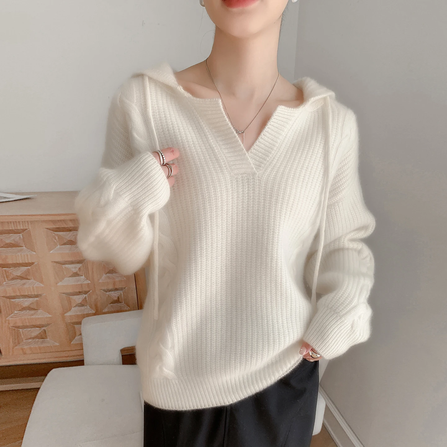 

Женский свитер из 100% шерсти, соединительные шапки, кашемировый утепленный пуловер с веревкой, зимний теплый топ, новинка 2023 года