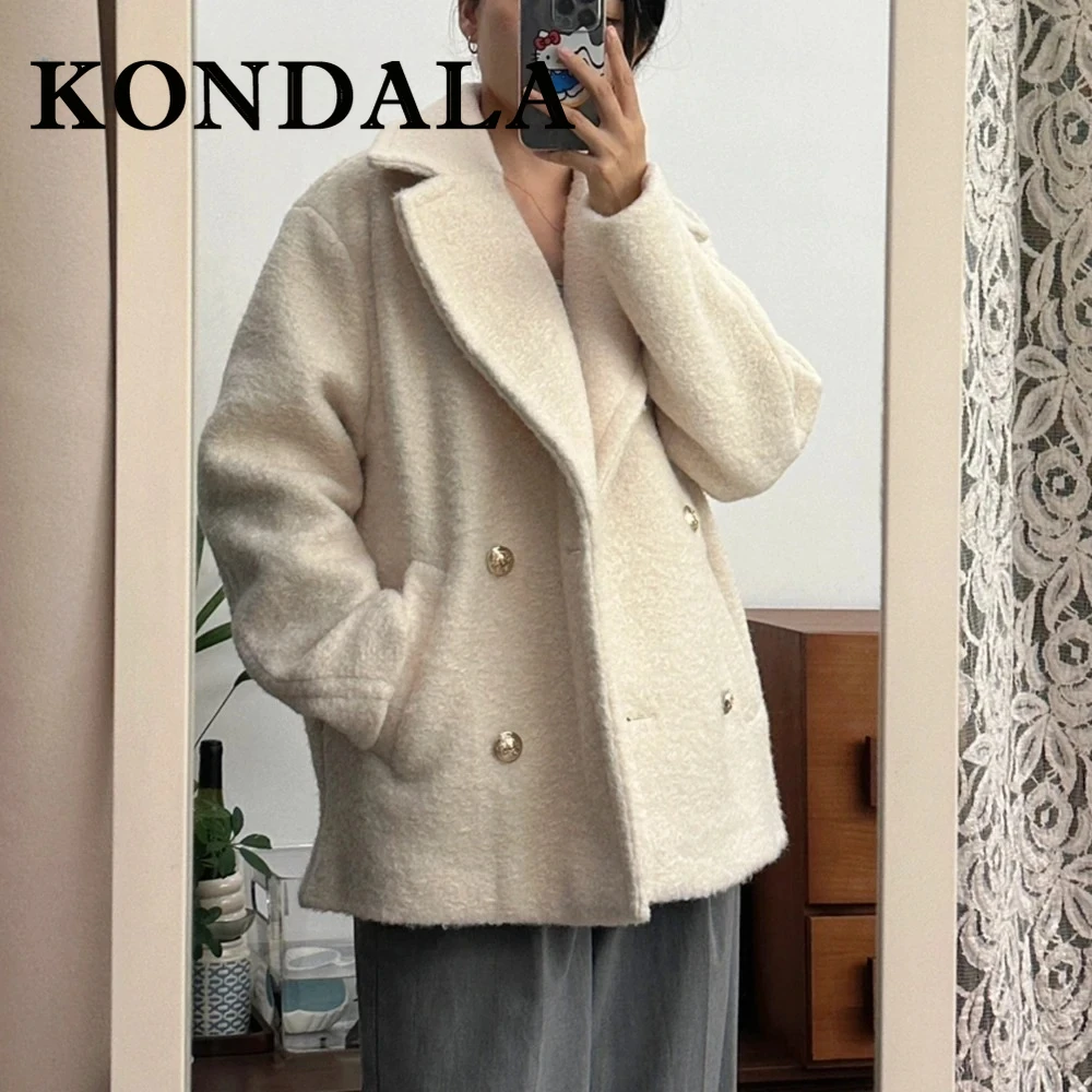 KONDALA Beige Autumn Casual Woman Coats Double Breasted Flurry Elegant Jacket Loose Turn-down Collar Female Chic Winter Outwears