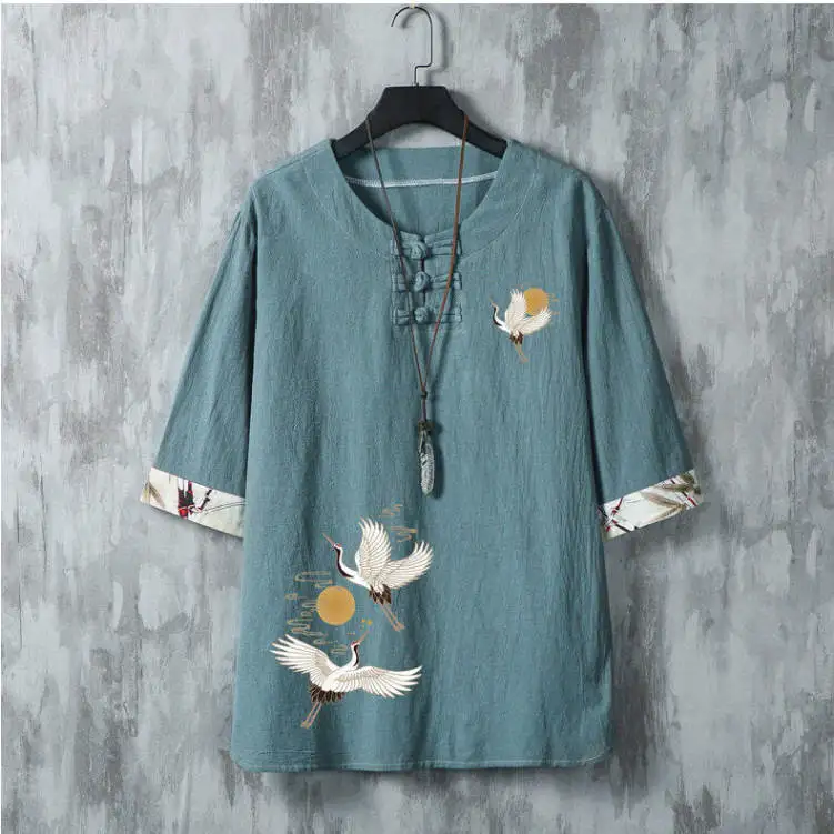 

Новый летний мужской повседневный модный костюм Тан с воротником-стойкой и принтом, ветровой длинный свек, хлопковая одежда большого размера в этническом стиле