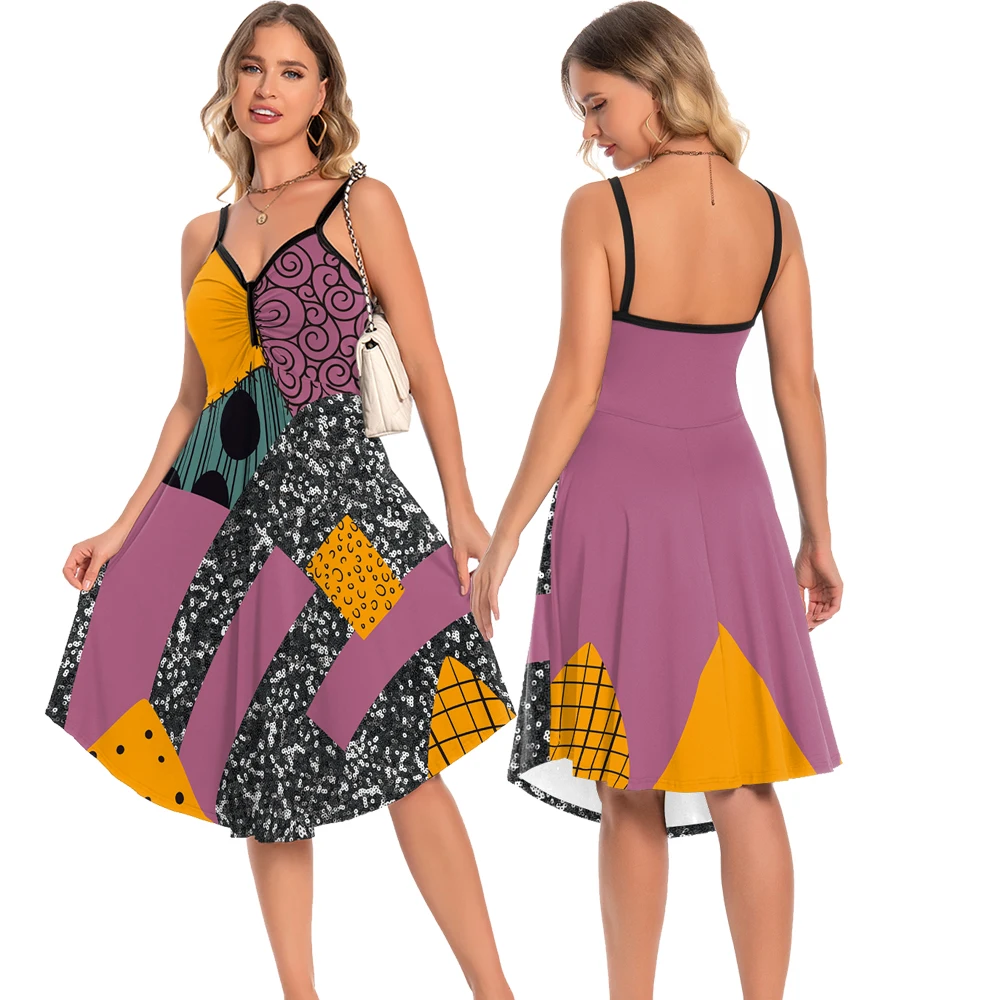 

Woman Sally Dresses Halloween Fancy Dress Up Zombie Bride Cosplay Costume V-Neck Strap Lady Sexy Dress Patchwork Party Outfit