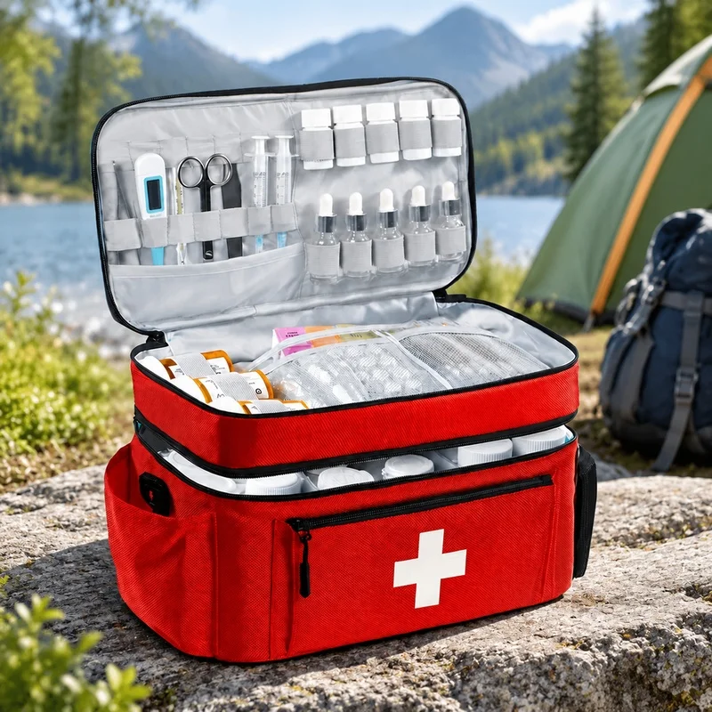 Compact dual-compartment first aid bag with large capacity, front organizer pocket, and multiple carrying methods for travel